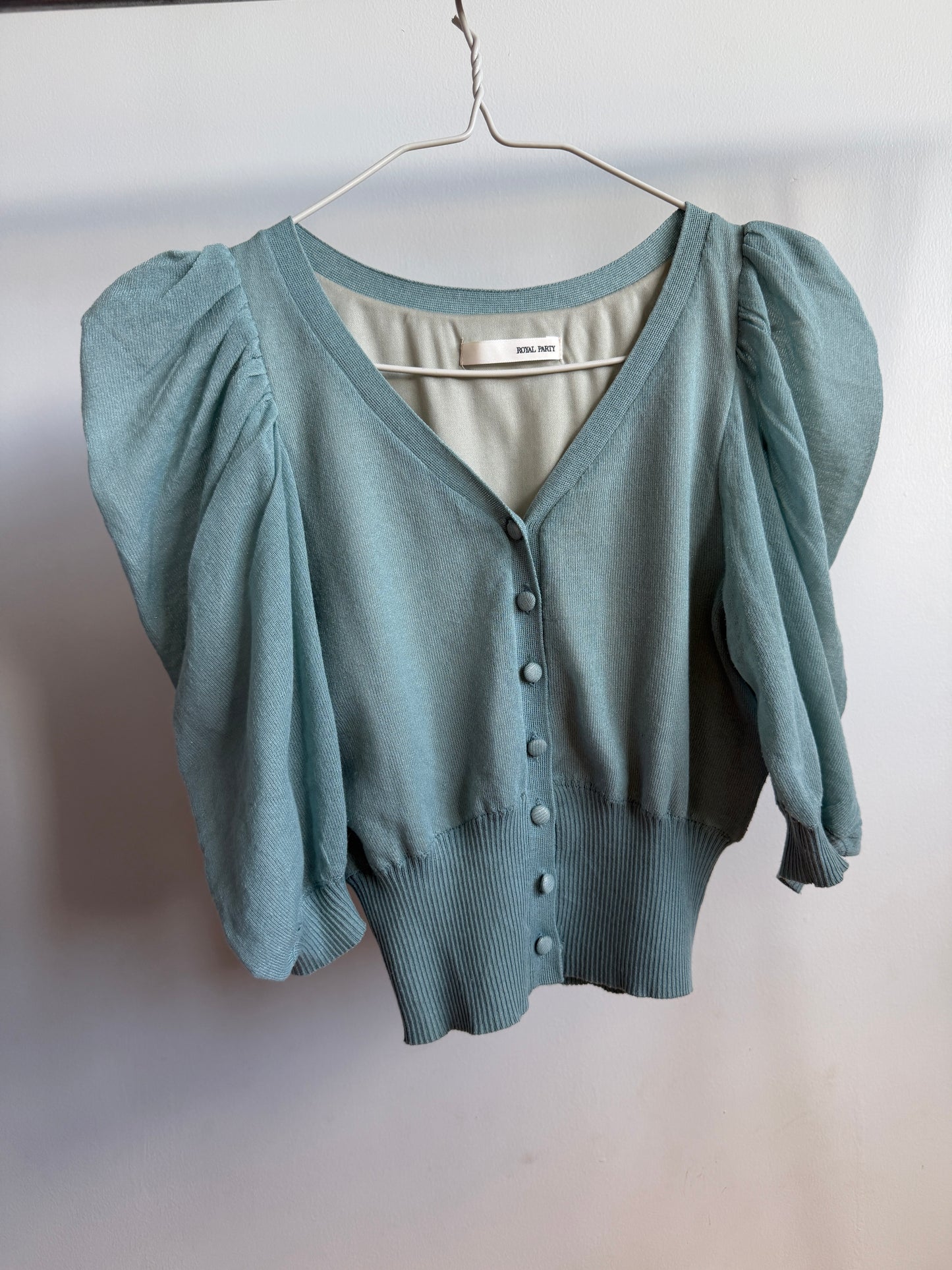 ROYAL PARTY Seafoam Blue Puff Sleeve Knit Cardigan