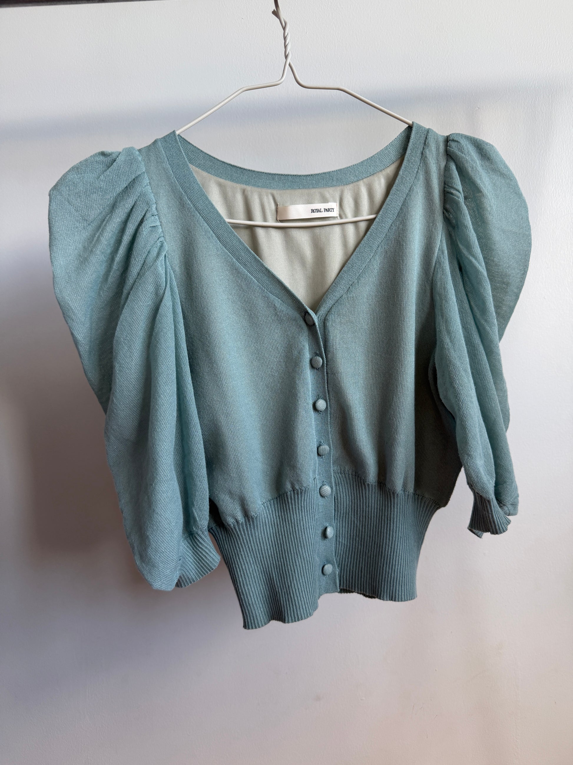 ROYAL PARTY Seafoam Blue Puff Sleeve Knit Cardigan