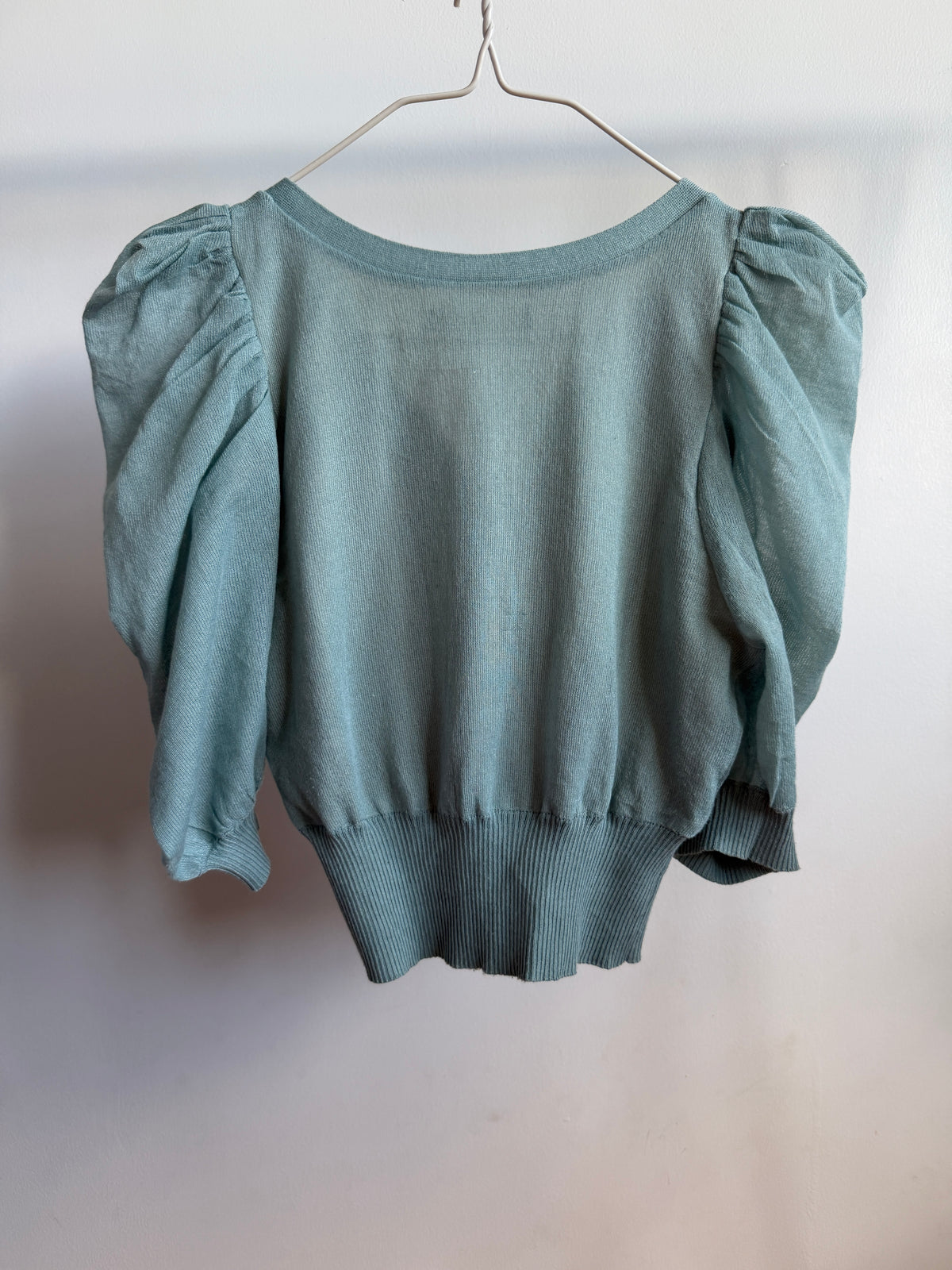 ROYAL PARTY Seafoam Blue Puff Sleeve Knit Cardigan Back Side