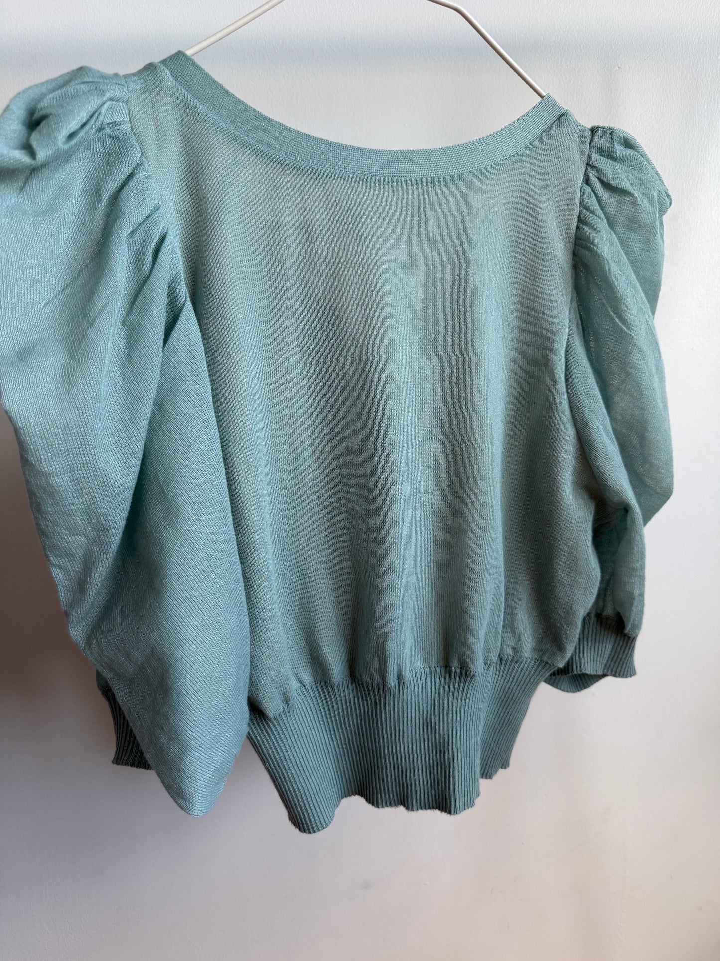ROYAL PARTY Seafoam Blue Puff Sleeve Knit Cardigan Back Side