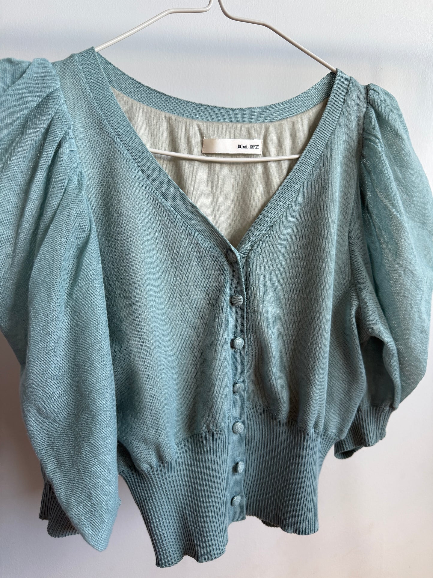 ROYAL PARTY Seafoam Blue Puff Sleeve Knit Cardigan 