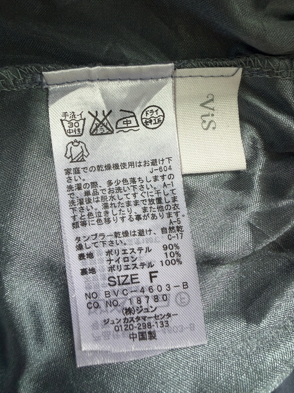 Close-up of a garment's interior labels showing care instructions in Japanese, a size F label, and a white woven brand tag reading 'vis'.
