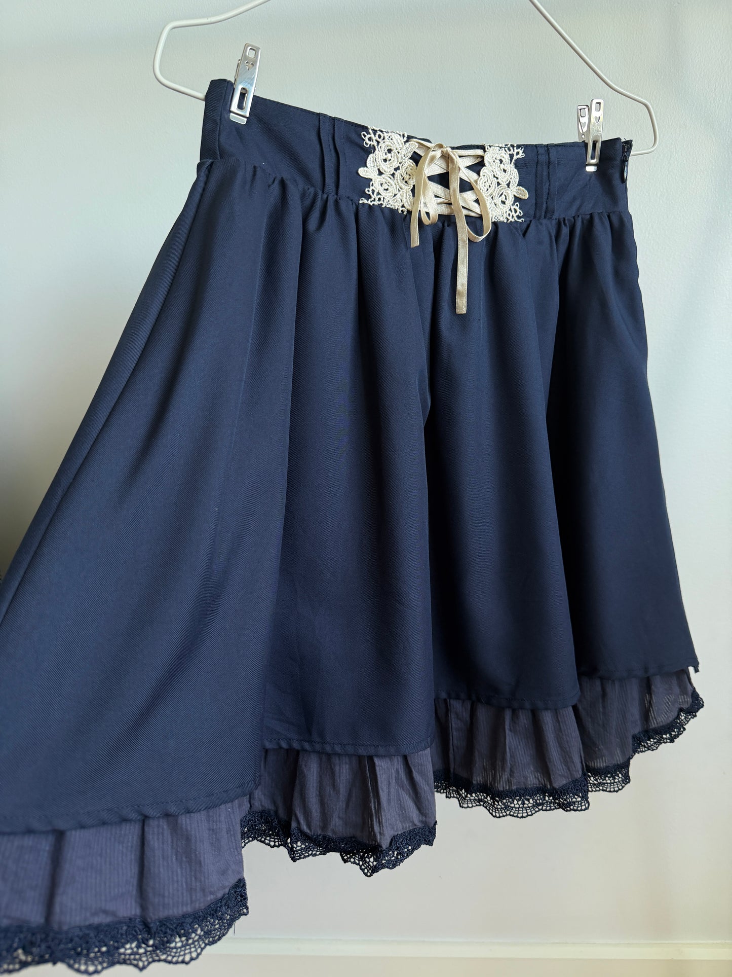 AXES FEMME Navy Layered Lace Skirt with Lace-Up Waist