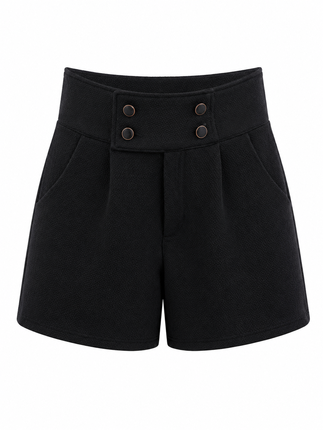 Black high-waisted shorts with a double-breasted button waistband, displayed on a clean white background.