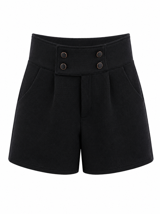 Black high-waisted shorts with a double-breasted button waistband, displayed on a clean white background.
