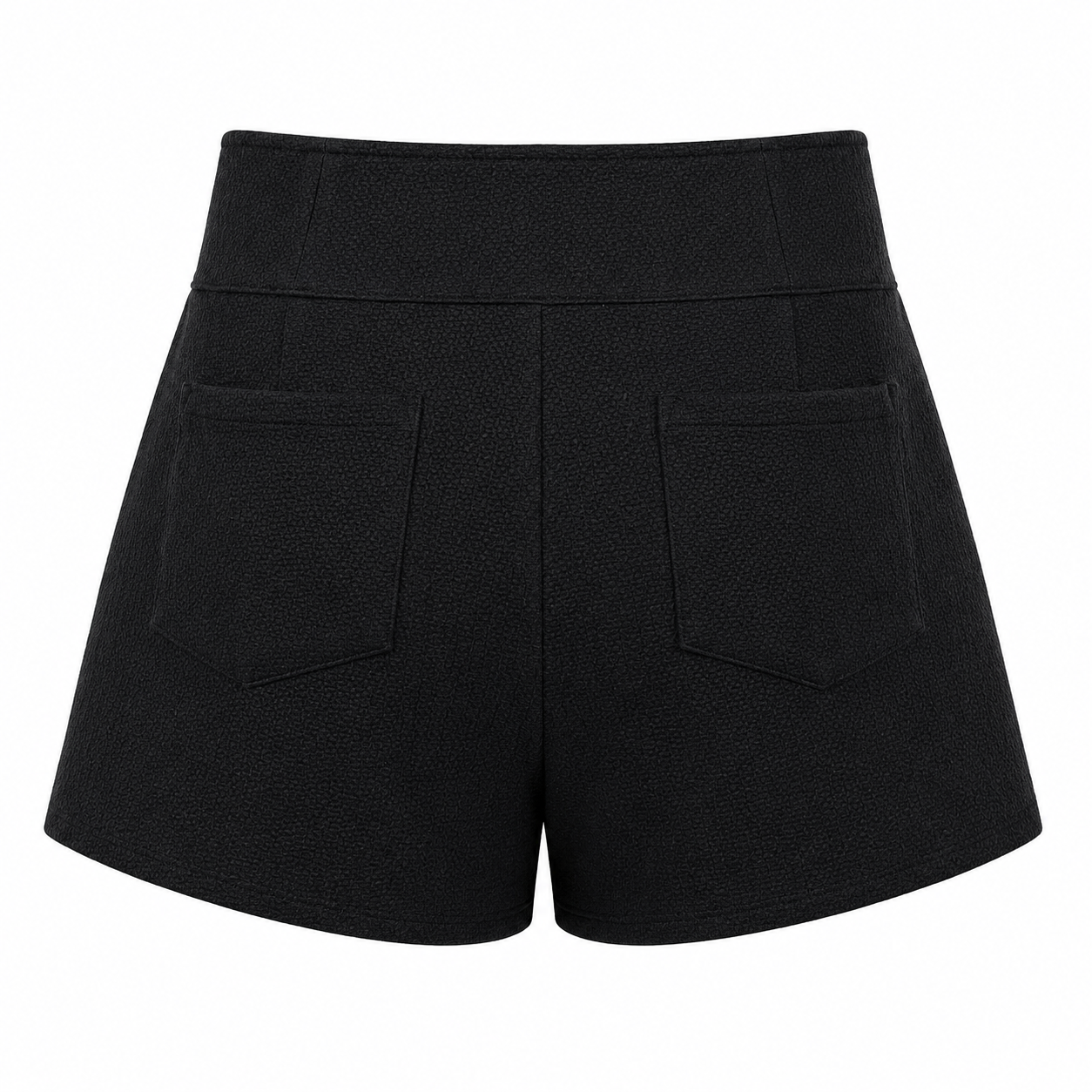 Black textured shorts with a high waistband and two back patch pockets, shown from the back on a white background.