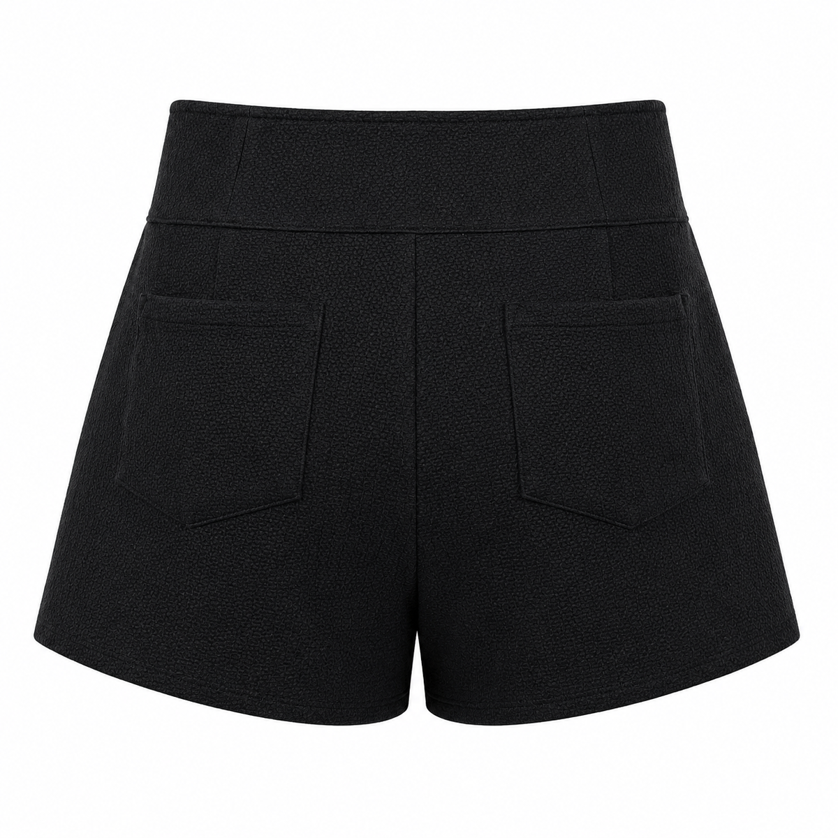 Black textured shorts with a high waistband and two back patch pockets, shown from the back on a white background.