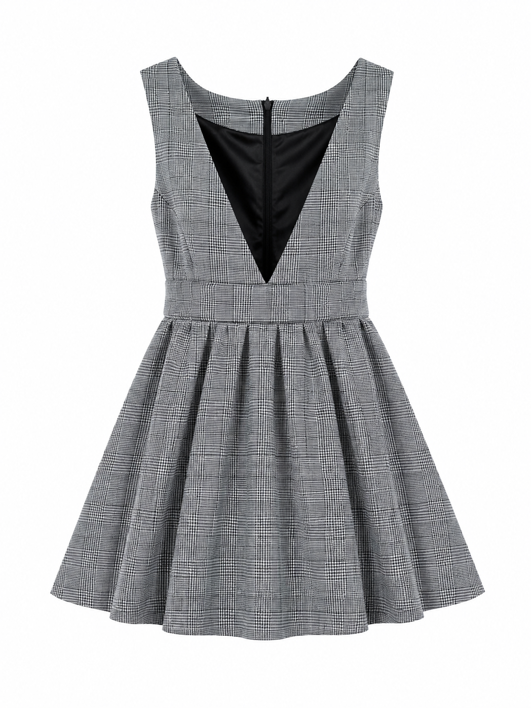 A sleeveless gray and black plaid mini dress with a deep V-neckline, black inner lining, and a flared skirt, shown against a plain white background.