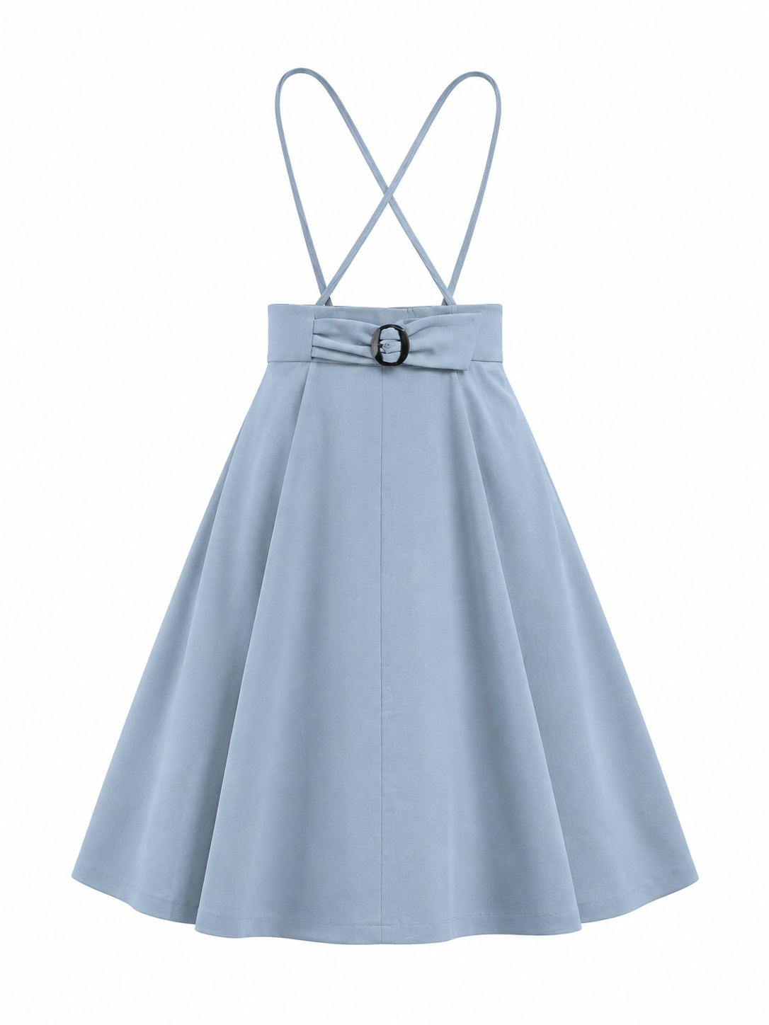 A light blue high-waisted A-line dress with thin double shoulder straps that cross at the back, a gathered waistband with a small black ring detail, and a flared skirt, shown on a plain white background.