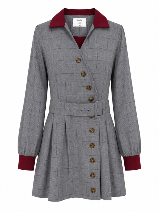 A gray plaid belted dress coat with a double-breasted front, long sleeves, and contrasting deep red collar, cuffs, and button details, shown on a plain white background.