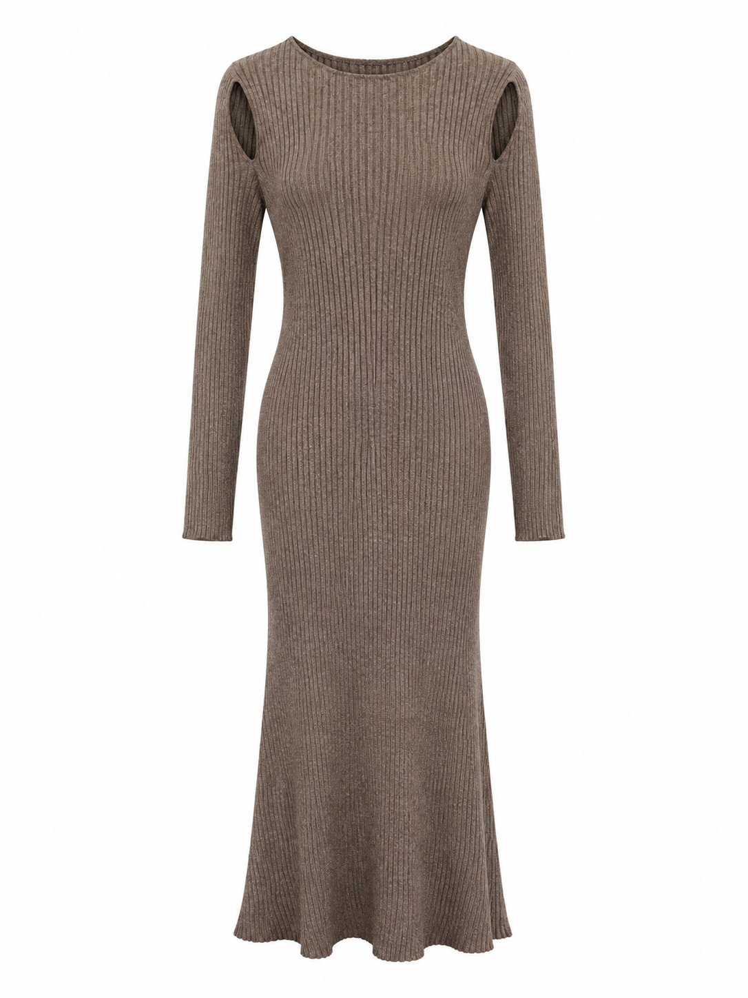 A ribbed knit long-sleeve maxi dress in taupe brown, featuring shoulder cutouts and a flared hem, shown against a plain white background.