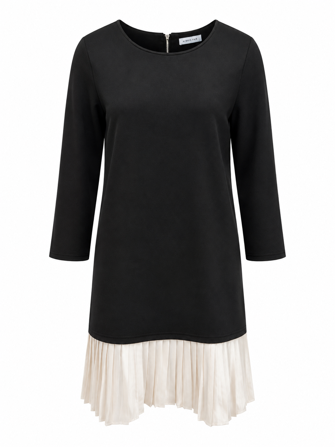 A black long-sleeve tunic dress with a pleated cream-colored underskirt visible at the hem, shown against a plain white background.