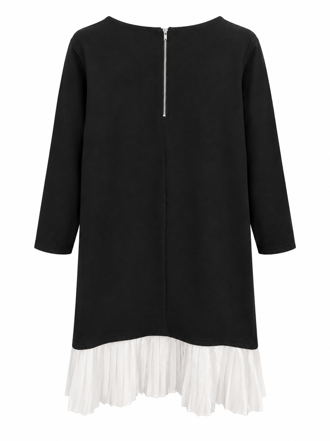 A black long-sleeve dress with a silver zipper at the back neckline and a contrasting white pleated ruffled hem, shown against a plain white background.