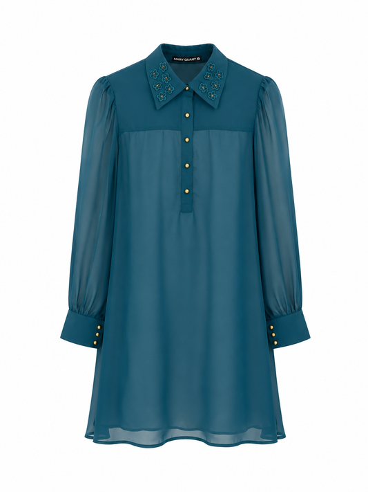A teal blue chiffon shirt dress with gold button accents and decorative gold embroidery on the pointed collar, shown against a plain white background.