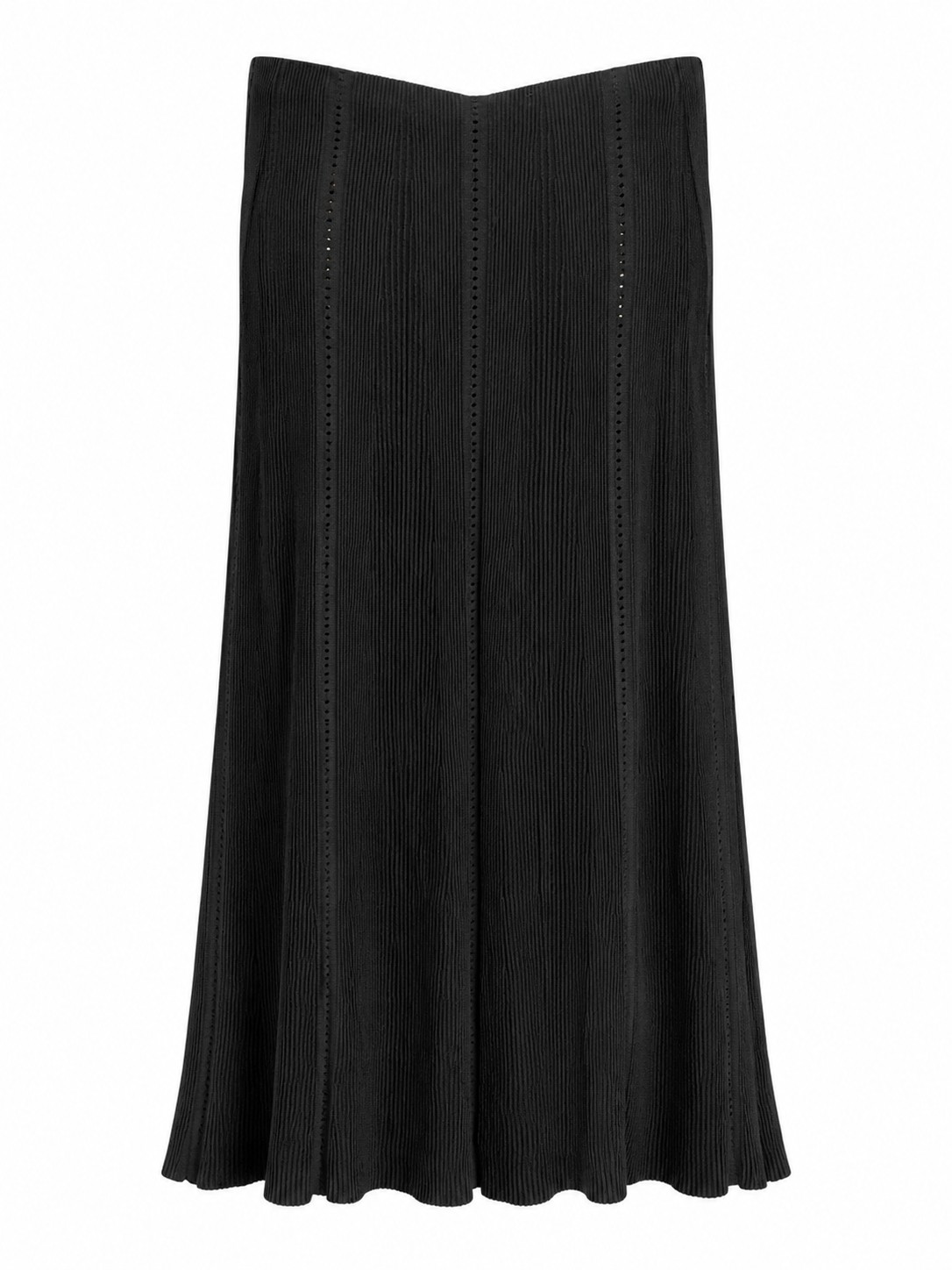 A black pleated midi skirt with a structured waistband and vertical slit details, shown against a plain white background.