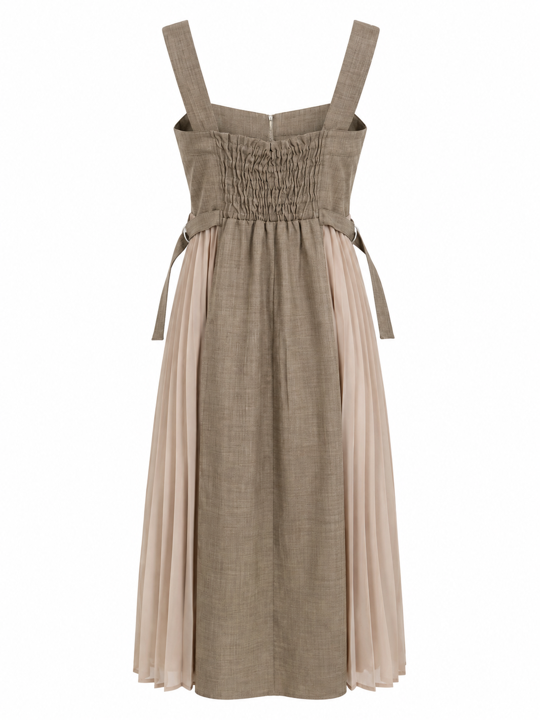 A sleeveless midi dress with a smocked bodice, wide shoulder straps, and a pleated skirt in two shades of taupe, shown against a plain white background.