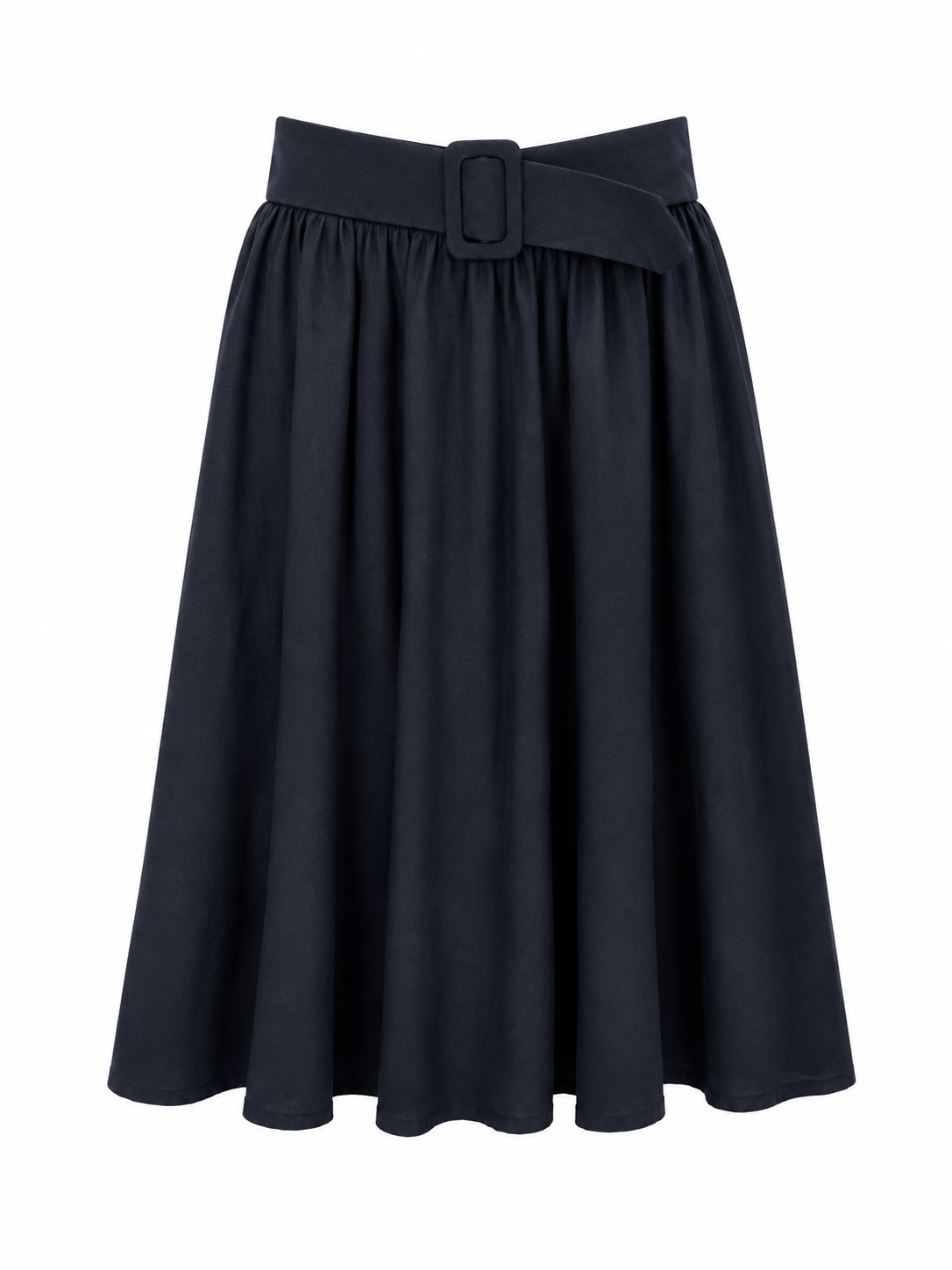 A dark navy blue A-line skirt with a matching fabric belt and a square buckle, shown against a plain white background.