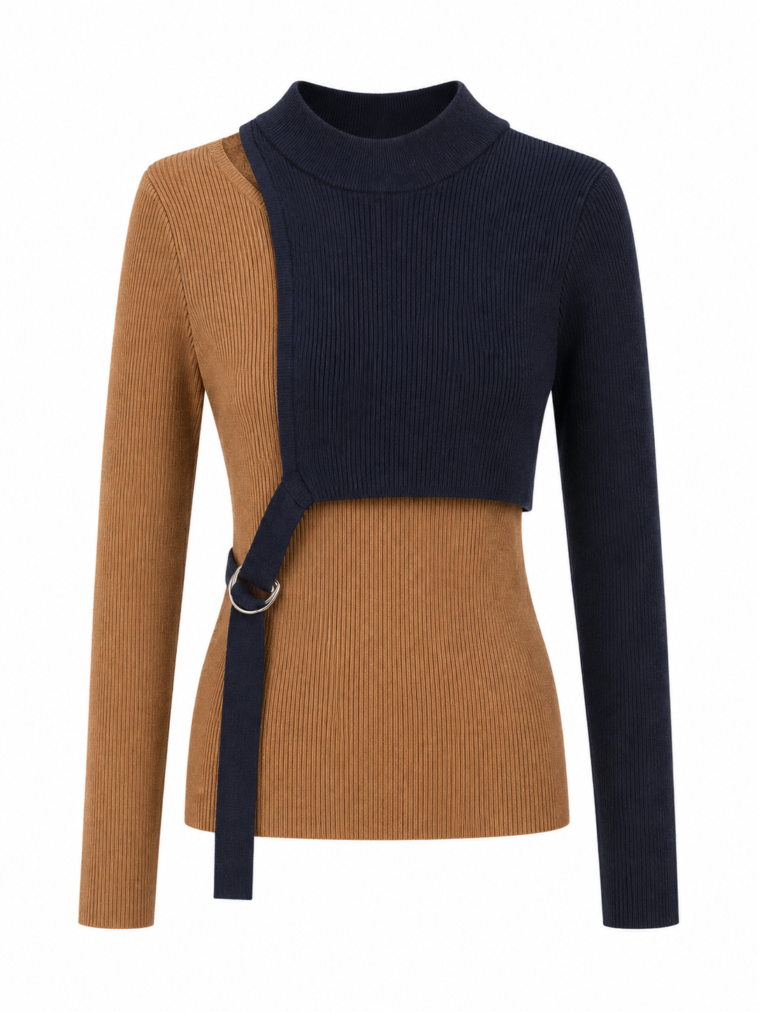 A women's long-sleeve ribbed knit sweater with an asymmetrical color-block design, featuring a navy blue mock neck and right side, and a camel brown left side and body. A matching navy blue waist tie with a silver metal ring detail is draped at the waist.