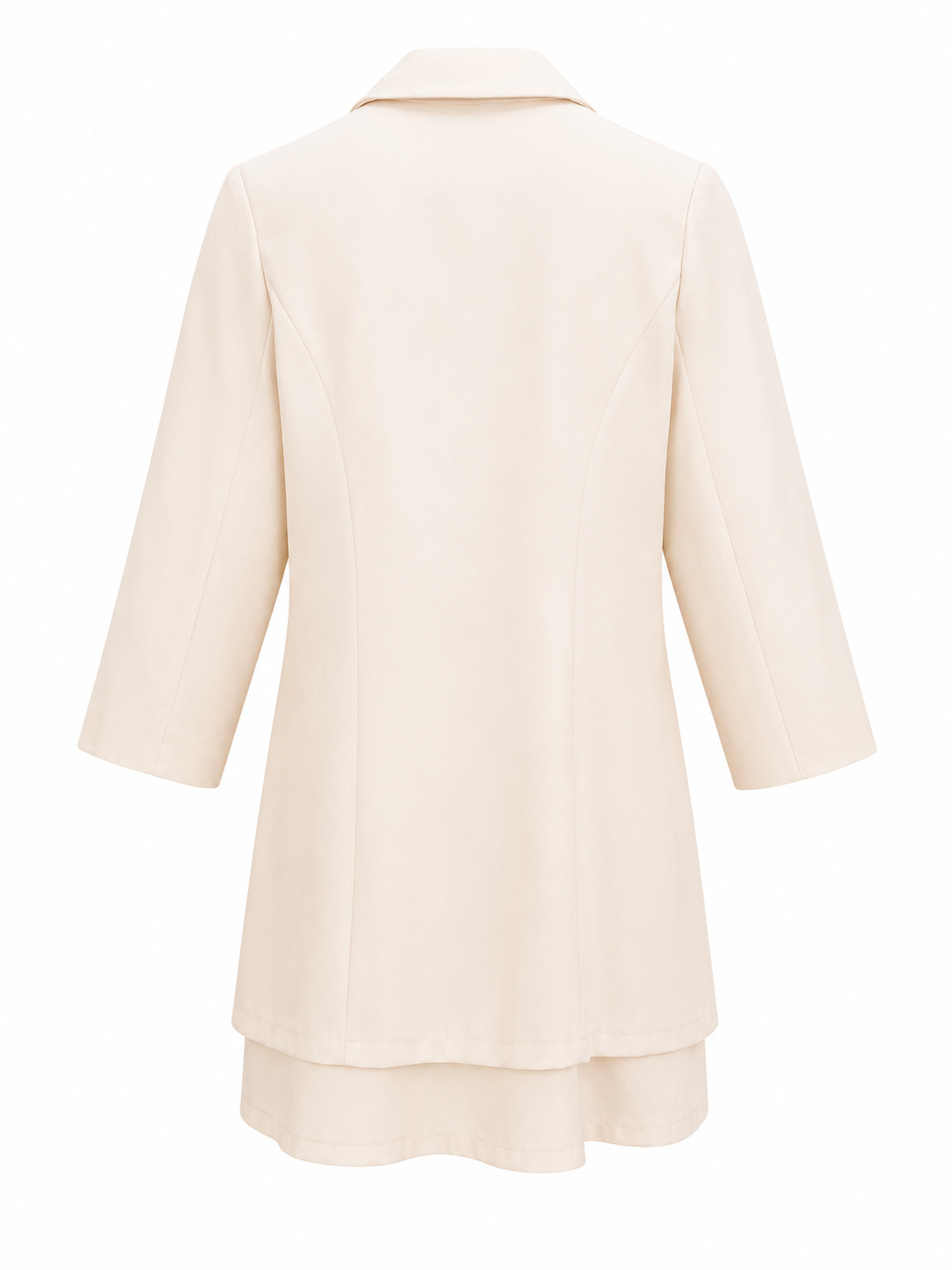 A cream-colored long-sleeve blazer shown from the back, featuring a structured collar and a double-layered hem, displayed on a clean white background.