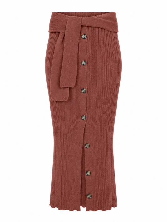 REDYAZEL Rust Ribbed Knit Button-Front Maxi Skirt with Waist Tie