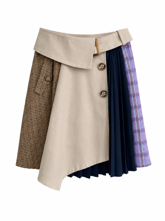An asymmetrical pleated skirt featuring multiple fabric panels: a large beige wrap-style top section, a brown houndstooth side panel, a navy blue pleated side panel, and a purple plaid side panel, shown on a plain white background.