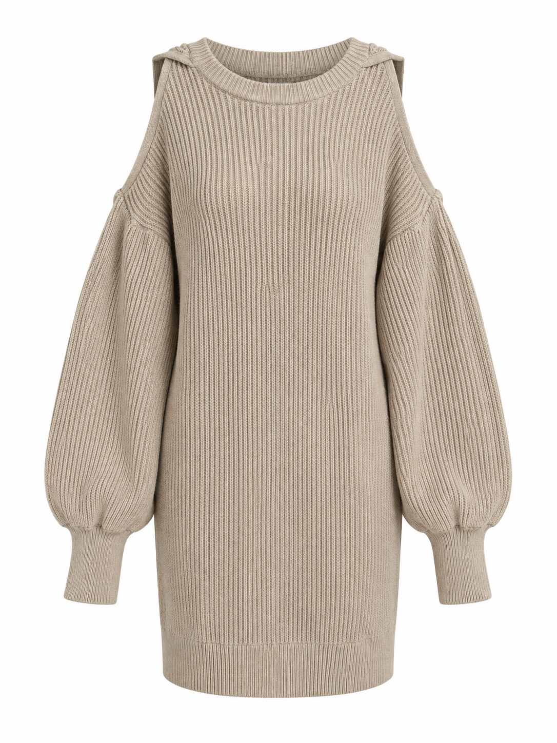 A beige ribbed knit cold-shoulder sweater dress with balloon sleeves and a crew neckline, shown against a plain white background.