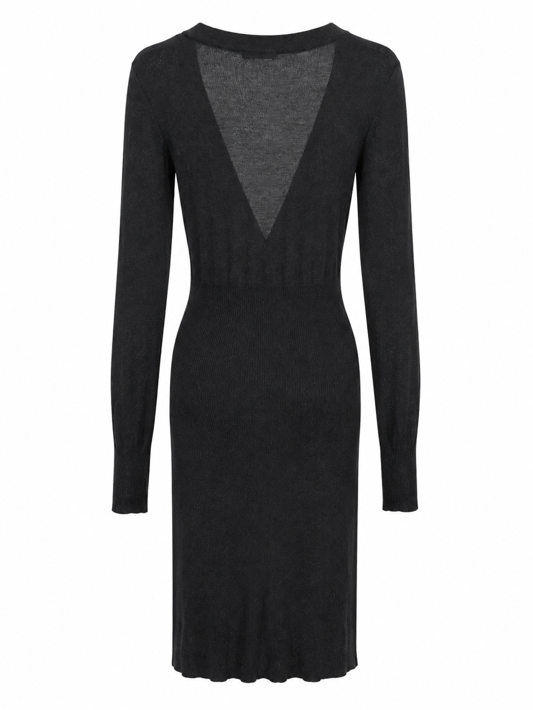 A black long-sleeve knit dress with a deep V-neckline and a contrasting textured gray inner panel, shown against a plain white background.