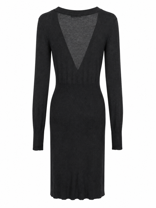 A black long-sleeve knit dress with a deep V-neckline and a contrasting textured gray inner panel, shown against a plain white background.