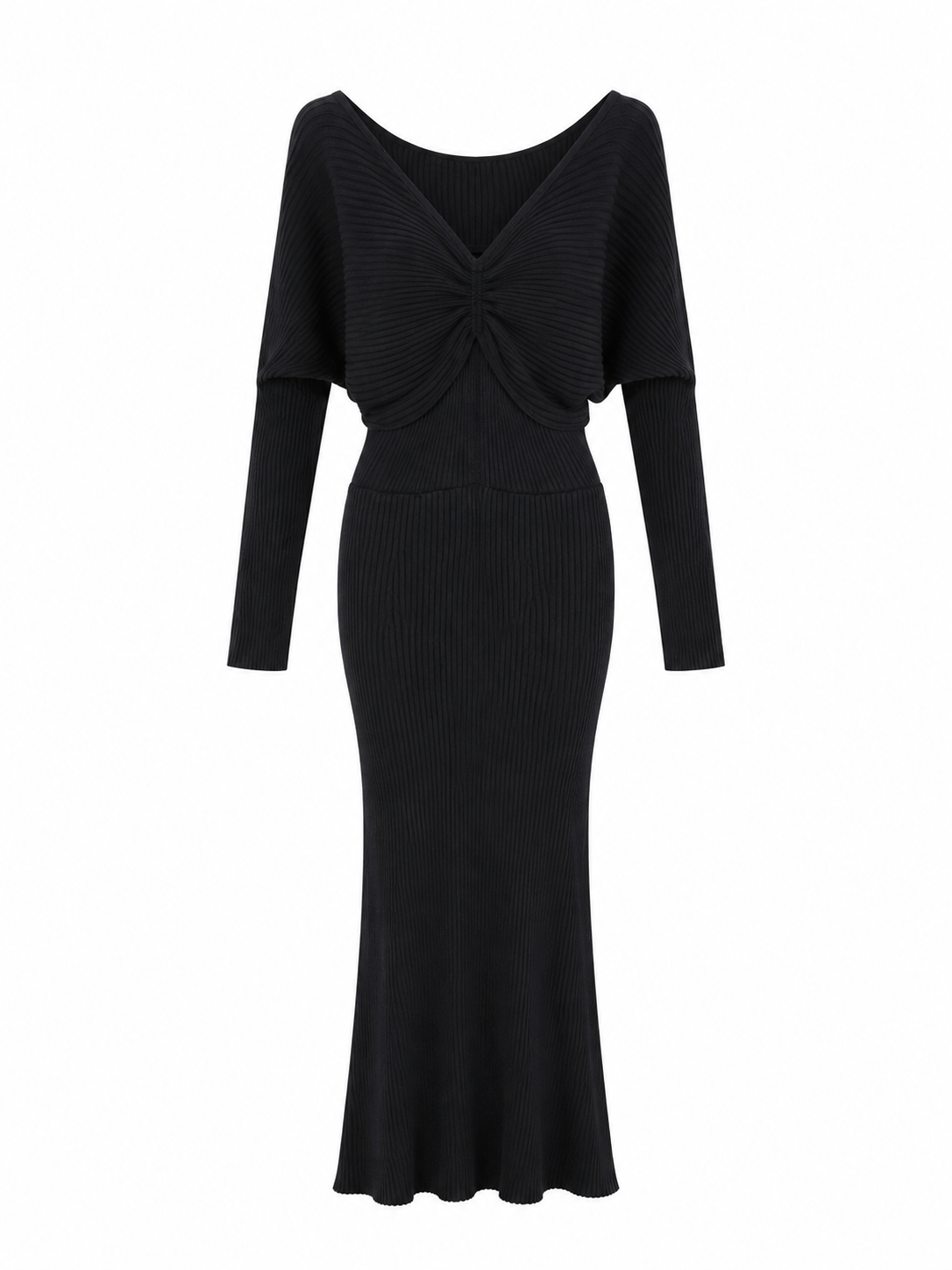 A black ribbed knit maxi dress with long sleeves, a wide boat neckline, and a gathered twisted detail at the bust, shown on a plain white background.