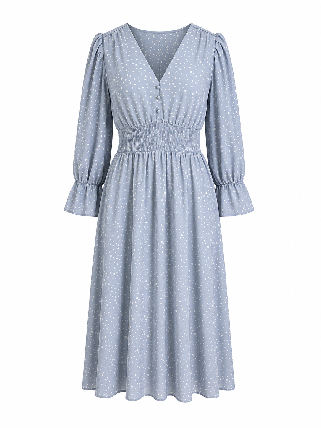A light blue midi dress with a white polka dot pattern, featuring a V-neckline with button details, a smocked waist, and puffed three-quarter sleeves with ruffled cuffs.