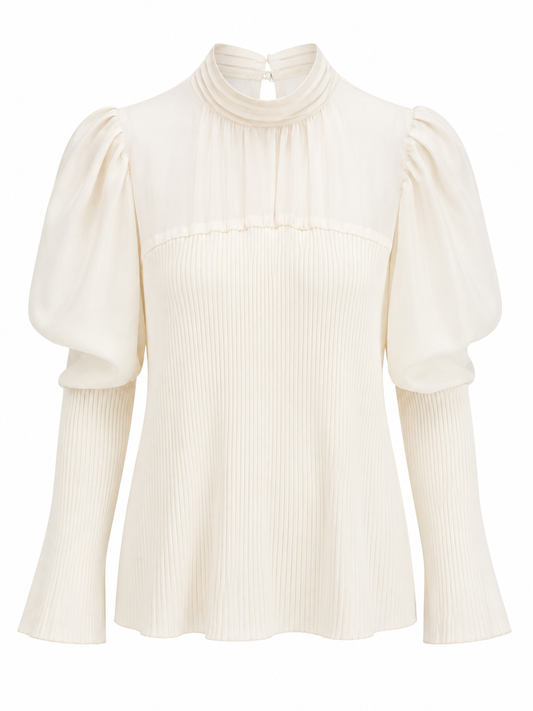 An off-white long-sleeve blouse featuring a high mock neck, pleated front bodice, and voluminous puff sleeves with flared bell cuffs, shown against a plain white background.
