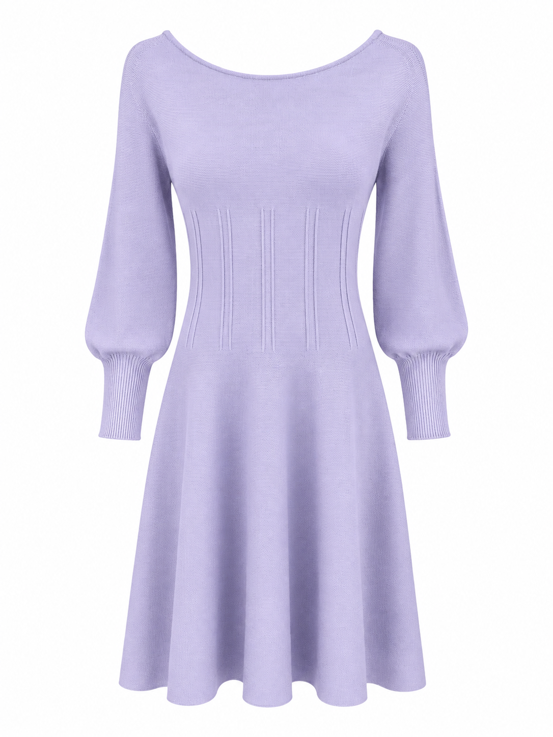 A light purple knit dress with three-quarter balloon sleeves, a wide boat neckline, and a flared skirt, shown against a plain white background.