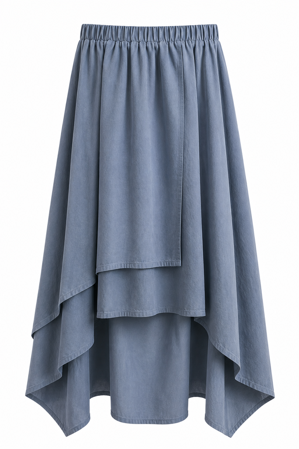 A dusty blue high-low skirt with an elastic waistband and layered, asymmetrical hem, shown against a plain white background.