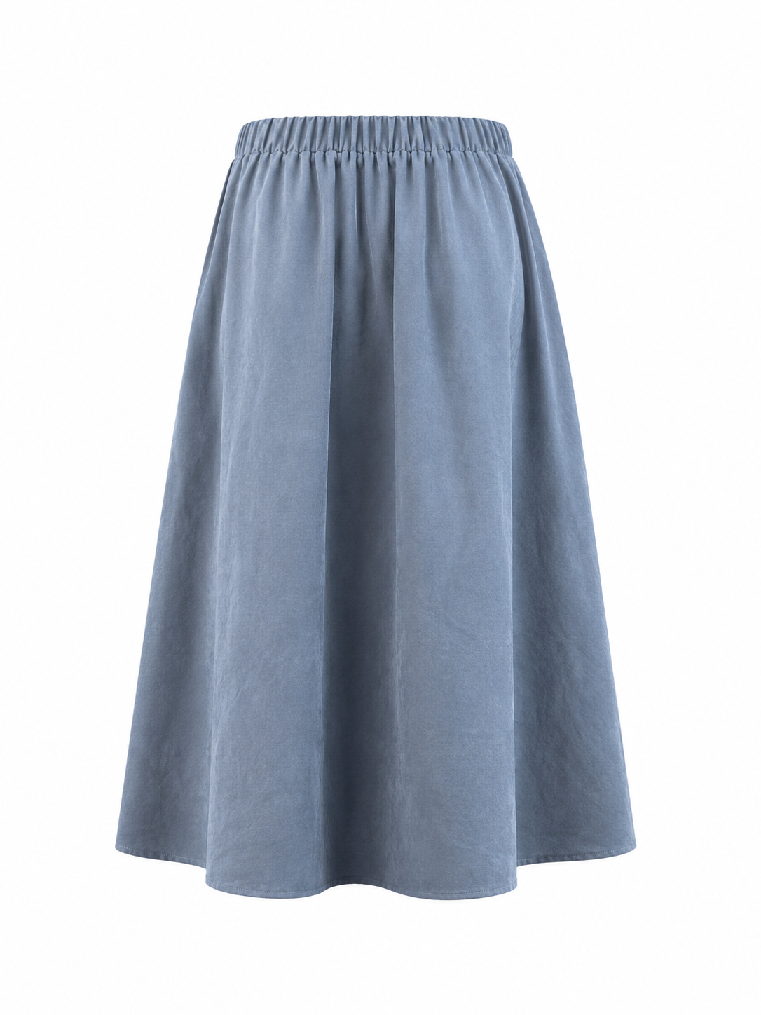 A dusty blue A-line skirt with an elastic waistband, shown against a plain white background.
